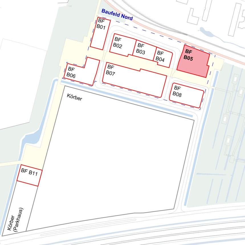 Site plan of the development plots in the Bergedorf Innovation Park – development plot B05 is highlighted in red