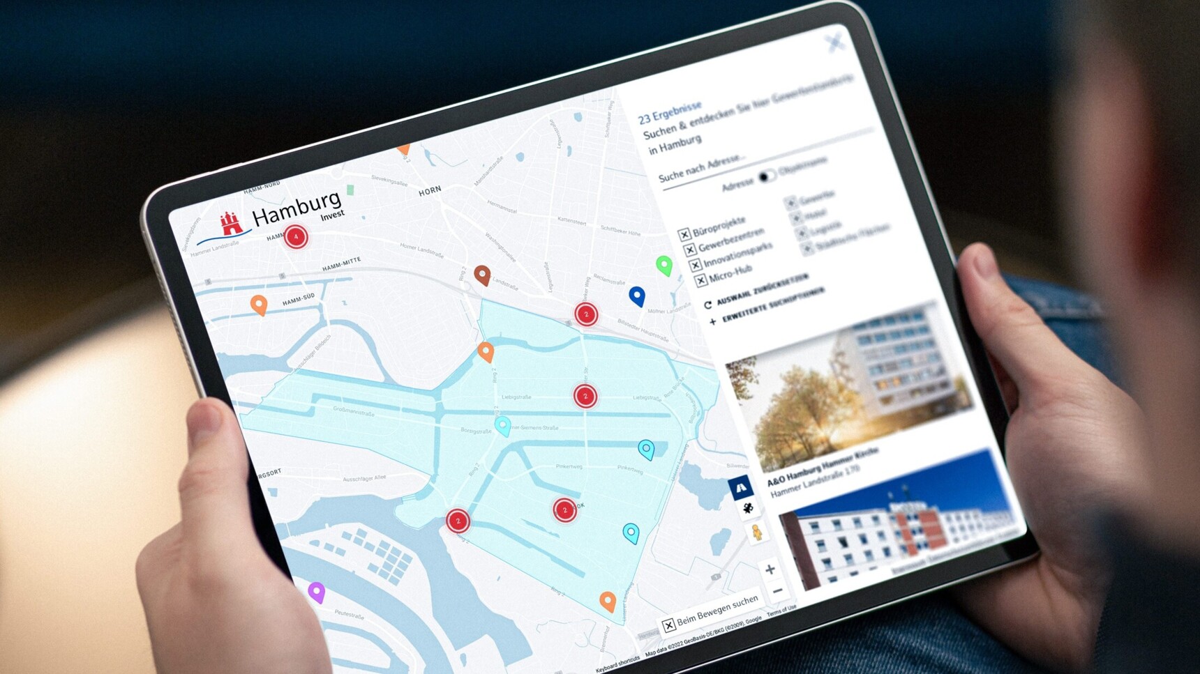 Interactive map To the interactive map of the most important industrial locations in Hamburg