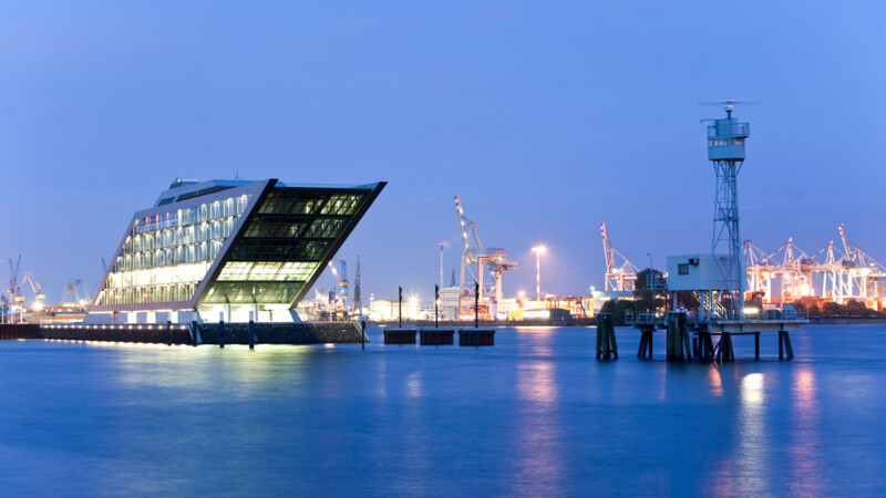 lluminated dockland buildings in Port of Hamburg