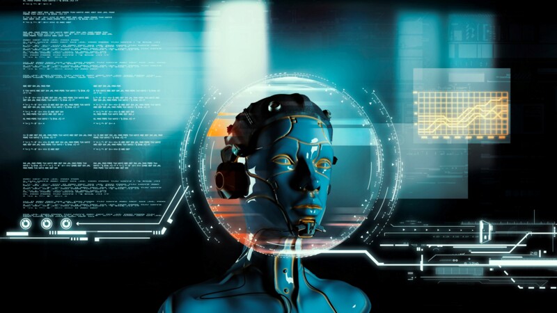 Futuristischer humanoider Roboter mit digitaler Benutzeroberfläche und Datenvisualisierungen im Hintergrund.