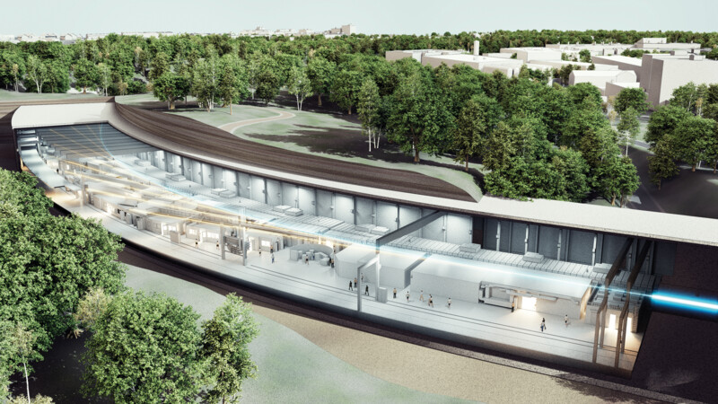 Cutaway illustration of a futuristic underground research facility surrounded by trees and greenery.