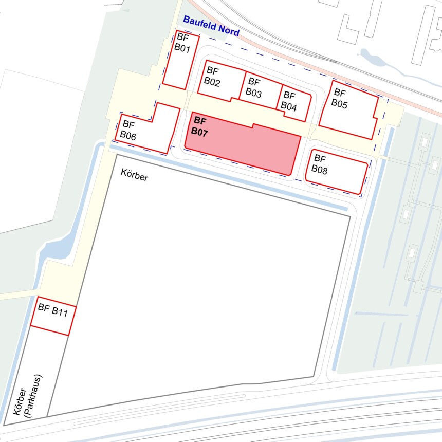 Site plan of the development plots in the Bergedorf Innovation Park – development plot B07 is highlighted in red