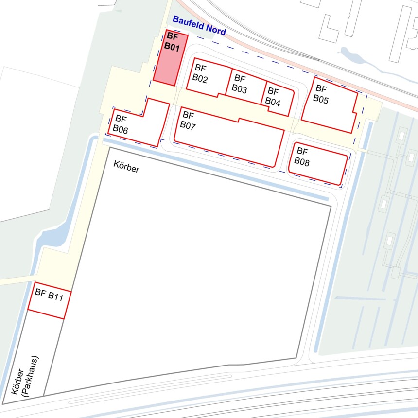 Site plan of the building plots in the Bergedorf Innovation Park – building plot B01 is highlighted in red
