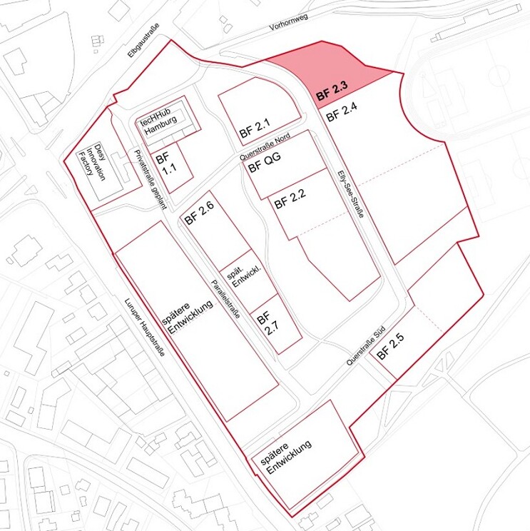 Karte mit den verschiedenen Baufeldern im Innovationspark Altona - Baufeld 2.3 rot hervorgehoben